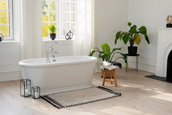 Stílusos Modern Fürdőszoba Belső Vízszintes Kilátás Egy Üres Szabadon Álló — Stock Fotó