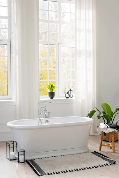 Elegante Baño Interior Moderno Vista Vertical Una Bañera Vacía Independiente — Foto de Stock