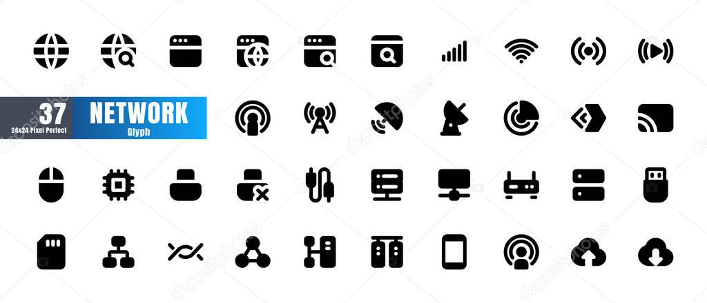 24x24 Pixel Perfect. Network and Connection Essential Set. Solid Glyph Icons. For App, Web, Print. Round Cap and Round Corner. Ready to use and Easy to Customize.
