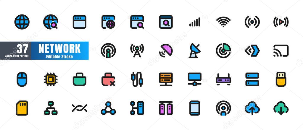 24x24 Pixel Perfect. Network and Connection Essential Set. Filled Flat Color Outline Icons. For App, Web, Print. Round Cap and Round Corner. Ready to use and Easy to Customize. Editable Stroke.