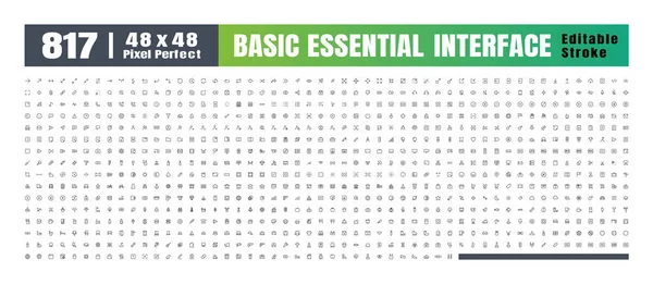 48X48 Pixel Parfait Ensemble Essentiel Interface Utilisateur Base 810 Icônes — Image vectorielle