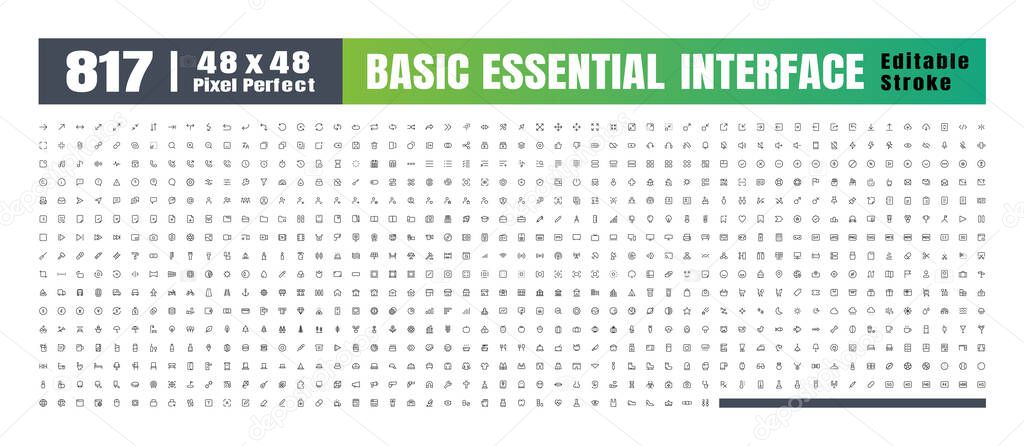 48x48 Pixel Perfect. Basic User Interface Essential Set. 810 Line Outline Icons. For App, Web, Print. Editable Stroke. 2 Pixel Stroke Wide with Round Cap and Round Corner. Editable Stroke.