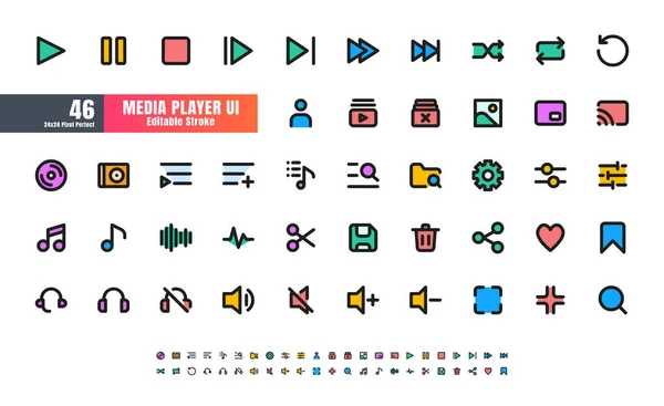 24X24 Pixel Perfect Multimedia Players User Interface Flat Filled Color — Stock Vector