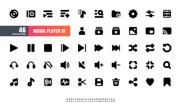 24X24 Pixel Perfect Multimedia Players User Interface Solid Glyph Icons — Stock Vector