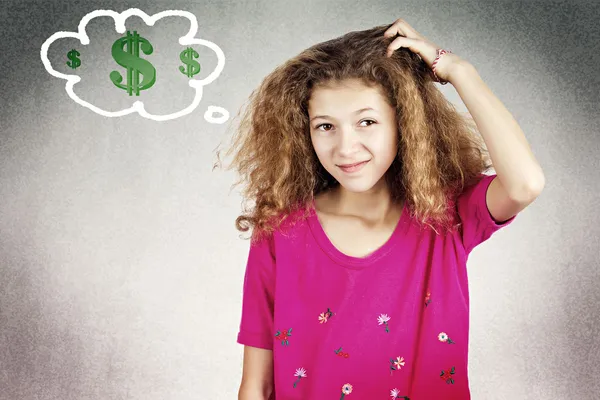 Niña arañando la cabeza pensando cómo hacer dinero — Foto de Stock