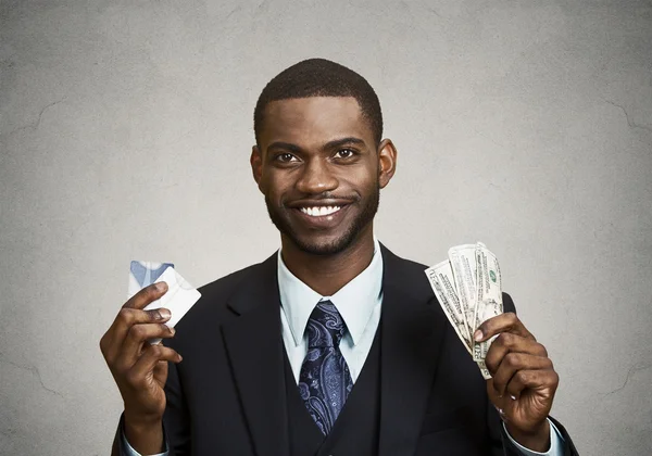 Happy businessman holding dollar, euro bills — Stock Photo, Image