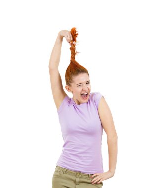 Excited teen girl, woman pullling up her hair ponytail 