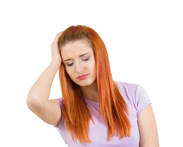 Estressado jovem mulher com dor de cabeça — Fotografia de Stock