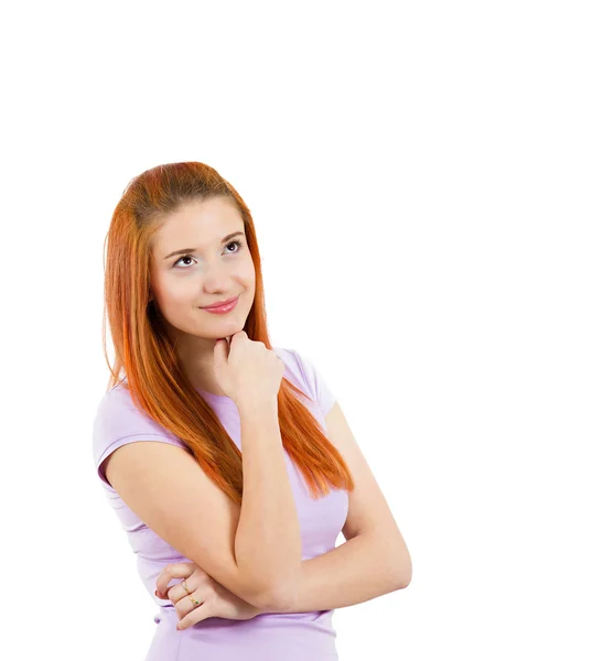 Happy daydreaming young woman looking up — Stock Photo, Image