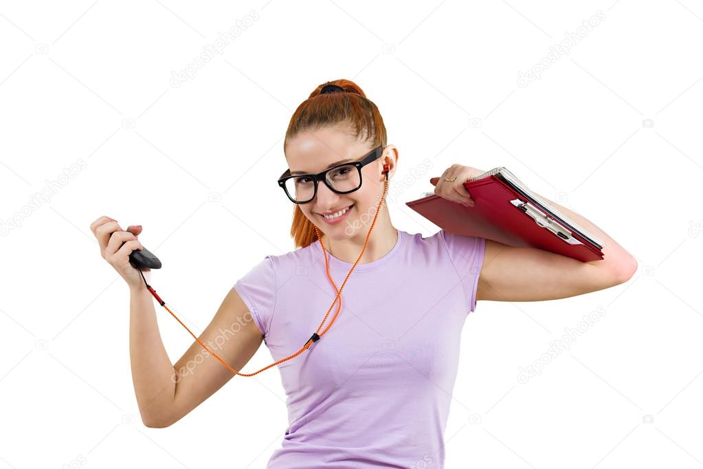 Happy student holding books, listening to music