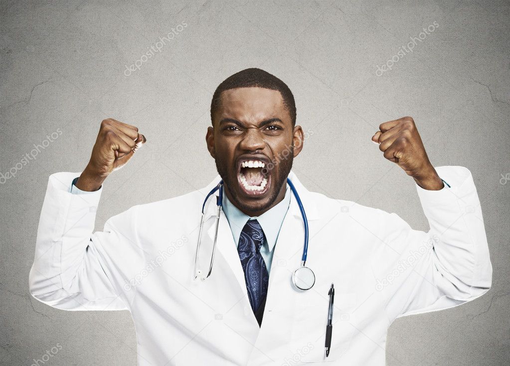 Angry rude upset male health care professional, doctor