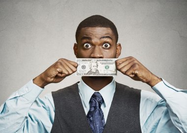 Shocked man with dollar bill curency covering his mouth clipart