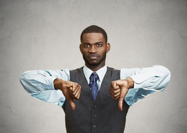 Displeased customer executive man giving thumbs down gesture clipart