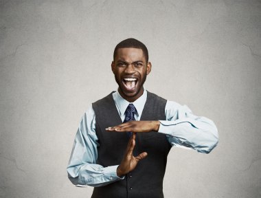 Angry man boss screaming to stop, giving time out gesture clipart