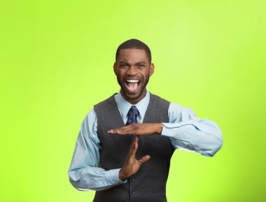 Angry man boss screaming to stop, giving time out gesture clipart