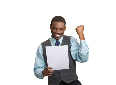 Excited happy man holding document, receiving goood news clipart