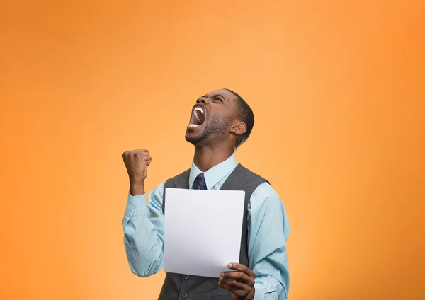 Angry customer, executive man screaming holding document, paper — Stock Photo, Image