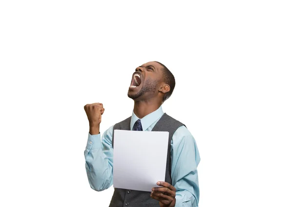 Angry customer, executive man screaming holding document, paper — Stock Photo, Image