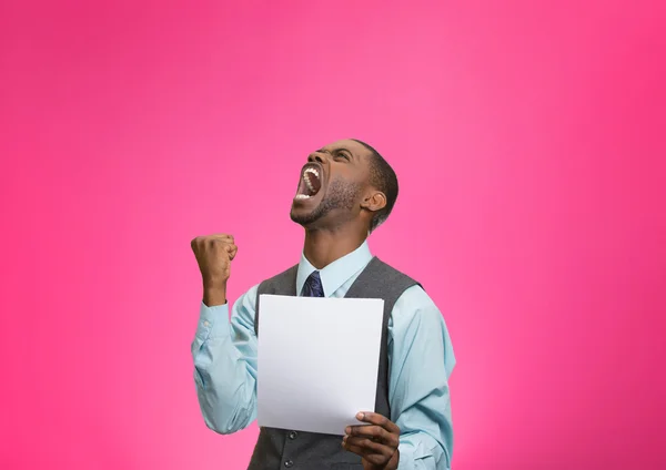 Angry customer, executive man screaming holding document, paper — Stock Photo, Image