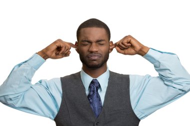 Man Closing Ears Avoiding Unpleasant Conversation, Situation clipart