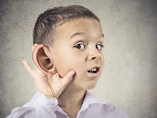 Nosy little boy, man listening carefully to someone's secrets — Stock Photo, Image