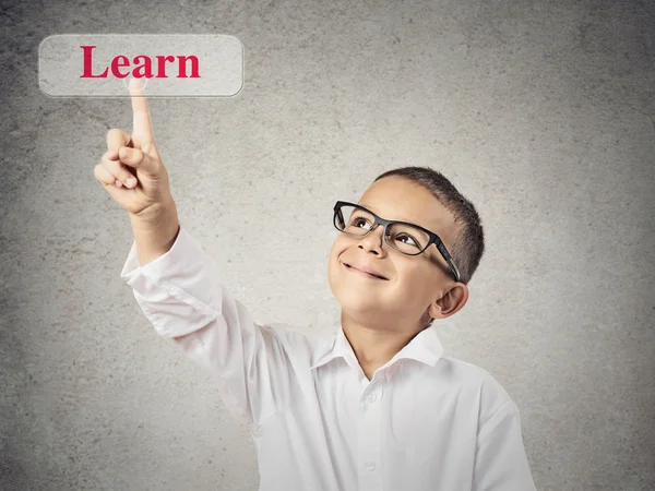 Boy touching red learn button sign — Stock Photo, Image