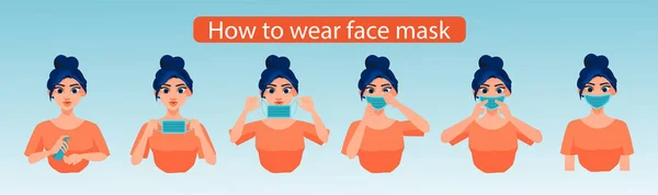Infographie Comment Porter Masque Facial Vecteur Une Femme Présentant Méthode — Image vectorielle