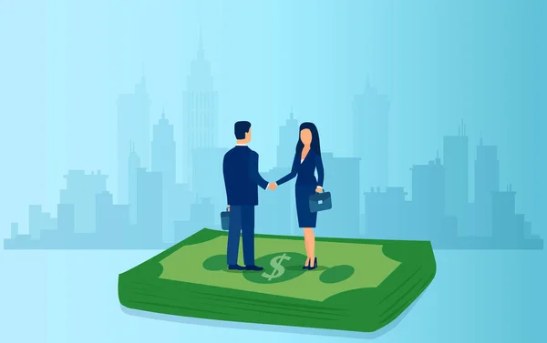 Vector Businesswoman Handshaking Businessman Pile Money Having Agreement — Stock Vector