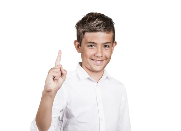 Jovem feliz apontando com o dedo para cima, número um — Fotografia de Stock