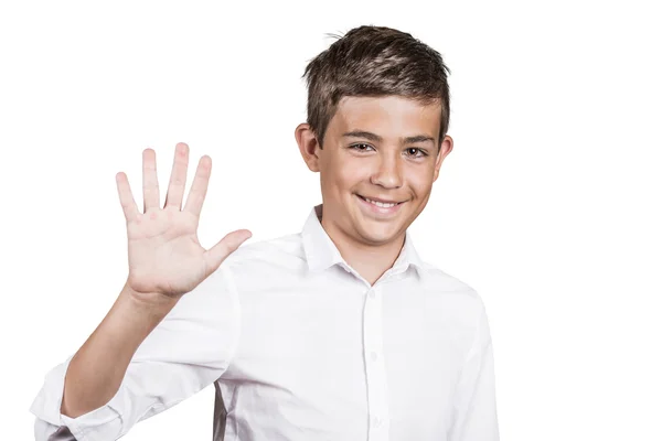 Schöner Teenager mit 5 Fingern Handfläche, Geste Nummer fünf — Stockfoto