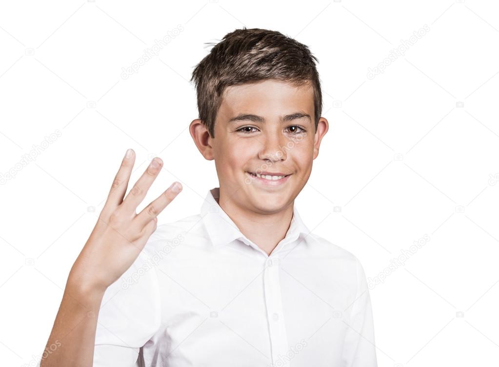 Teenager showing three fingers, number three gesture