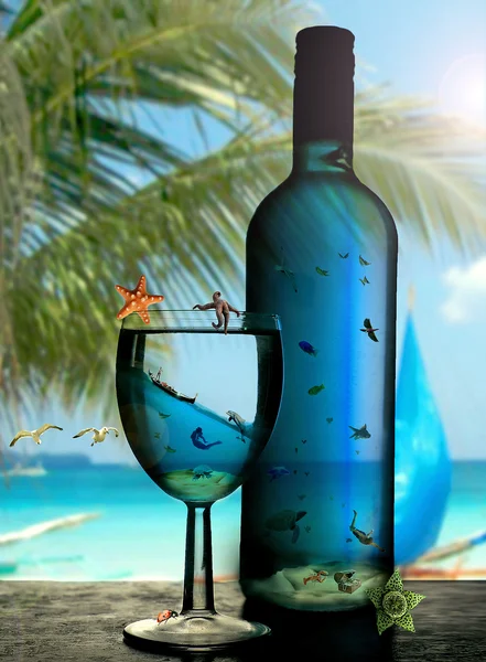 Tropical paradise, travel in a bottle — Stock Photo, Image
