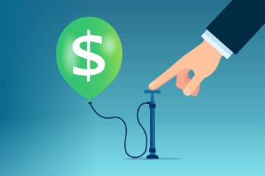 Para enflasyonu kavramı. Bir işadamının ABD Doları işareti ile yüzen büyük bir balona hava pompalaması.