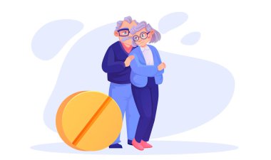 Sarı hapın yanında duran mutlu yaşlı bir çiftin vektörü.