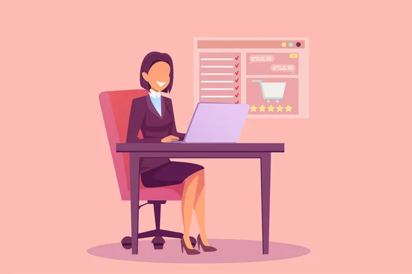 Vector Happy Woman Sitting Desk Κάνοντας Online Παραγγελία Και Γράφοντας — Διανυσματικό Αρχείο