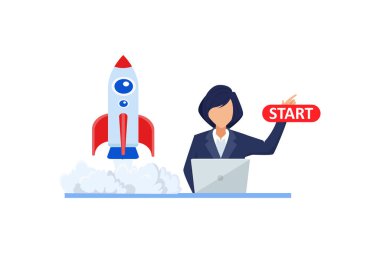 Dizüstü bilgisayarda çalışan bir iş kadınının vektörü yeni bir girişime bakıyor. 