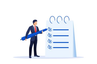 Büyük bir kalem tutan bir işadamının vektörü. Tüm görevlerin tamamlanmış olduğu işaretlenmiş bir listeyle birlikte bir panonun yanında duruyor.