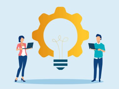 İnternette çalışan genç bir adam ve kadının vektörü yeni bir fikir üretiyor. 