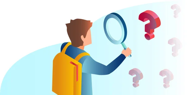 Vector Young Man Student Magnifying Glass Searching Answers His Questions — 스톡 벡터