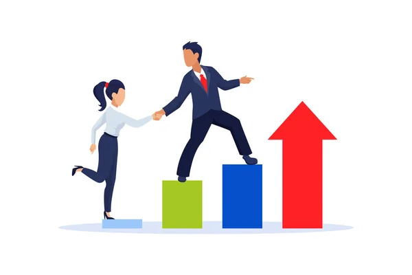 Vector Business Man Helping Businesswoman Climb Growing Financial Chart Stairs — Stock vektor