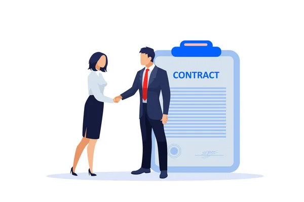 Vector Businessman Businesswoman Handshaking Signing Contract — Stock Vector