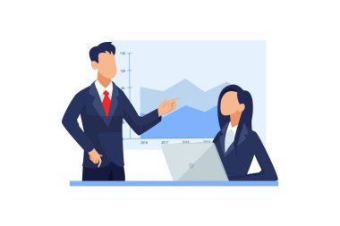 Vector of a businessman discussing business plan with a businesswoman 