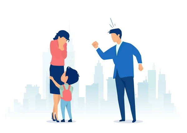 Vector Father Yelling Mother Child Family Conflict Domestic Violence Concept — Vetor de Stock