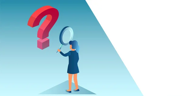 Vector Young Woman Magnifying Glass Searching Answer Her Question — 스톡 벡터