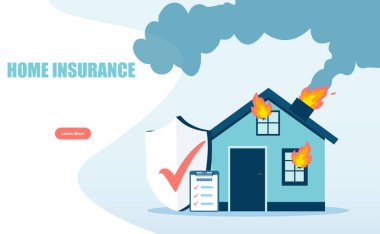 Vector of a burning house on fire with insurance policy for protection from disaster and property loss 