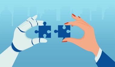 Vector of a robot and a business woman matching puzzle pieces 