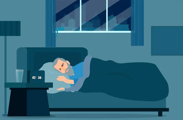 Seniorchef Leidet Schlaflosigkeit Wenn Bett Liegt Und Auf Den Wecker — Stockvektor