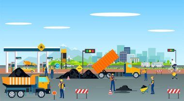 Yol kaldırımlarını tamir eden işçilerin taşıyıcısı 