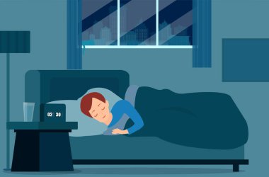 Yatak odasında uyuyan genç bir kadının vektörü. 