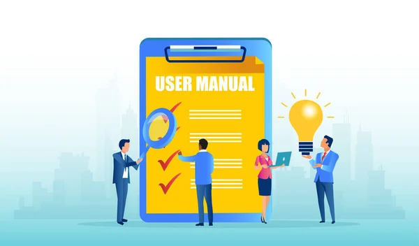 Vector Van Zakenmensen Die Een Gebruikershandleiding Lezen — Stockvector